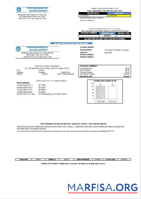 Blank USA New York Port Washington Water District business utility bill template in Word and PDF formats